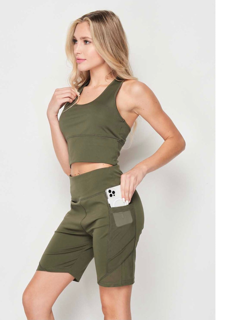 Active Bra Crop/ Biker short set with phone pockets.