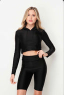2 Pcs Shiny Active Cropped Hoodie/Biker Set